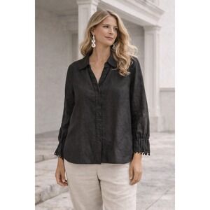 Relativity Design Lab Black 100% Linen Button Up Shirt XL Pom Pom Trim Cuffs